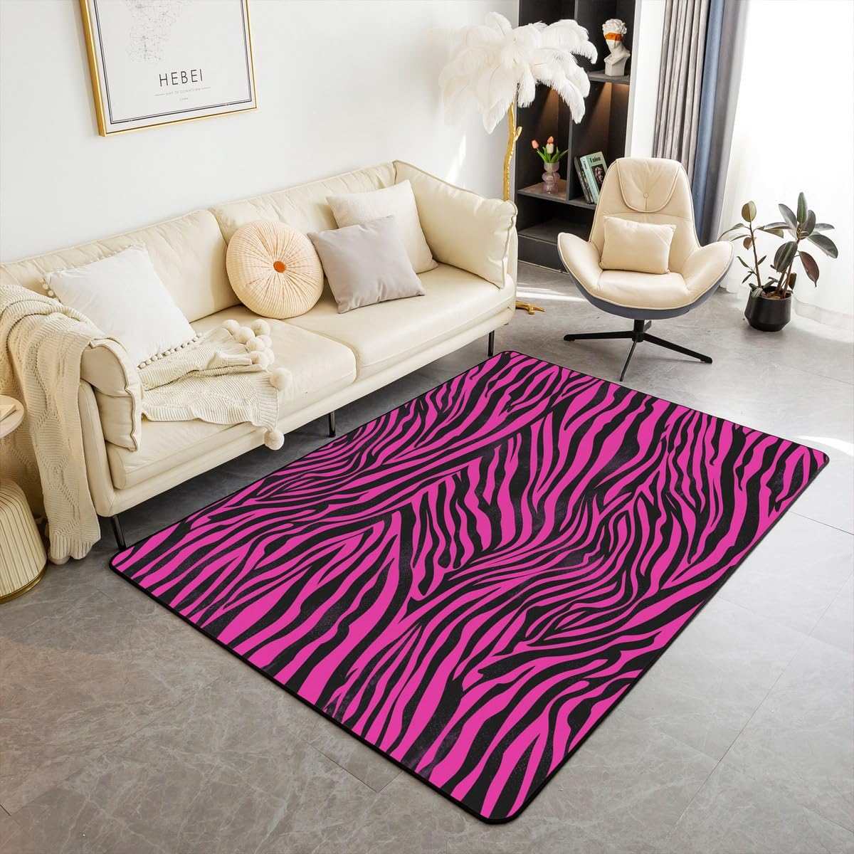Feelyou Zebra Decorative Carpet Area Rug 3x5 Animal Print Living Room Rugs for Kids Boys Girls Decor Hot Pink Accent Rug Abstract Art Decorative Rug Stripes Doormats Floor Mat