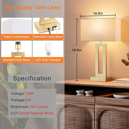 Nightstand Table Lamps for Bedrooms Set of 2 - Touch Bedside Lamp with USB C+A, 3 Way Dimmable Living Room Lamps for End Tables Set of 2(White&Gold)