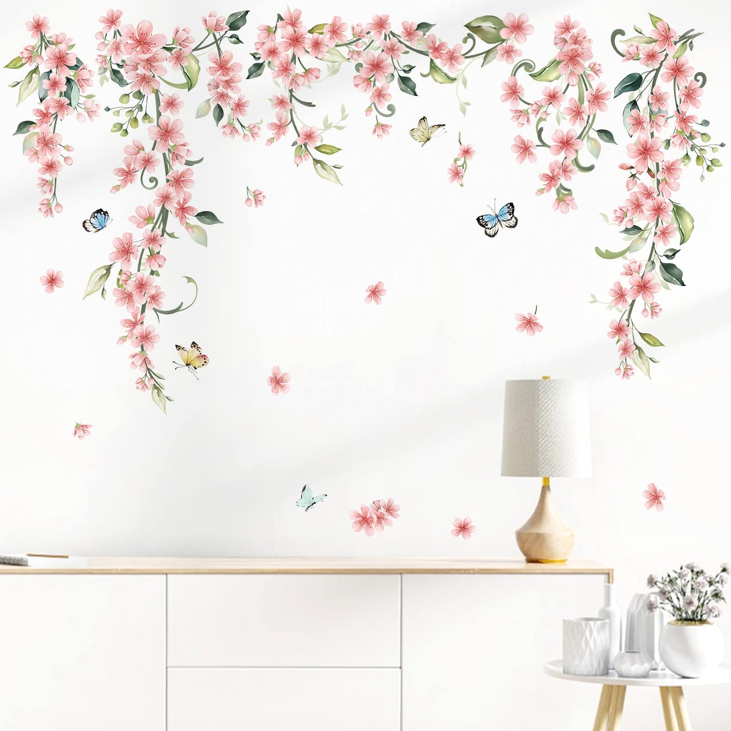 wondever Hanging Flower Vine Wall Stickers Pink Floral Peel and Stick Wall Art Decals for Living Room Bedroom TV Background