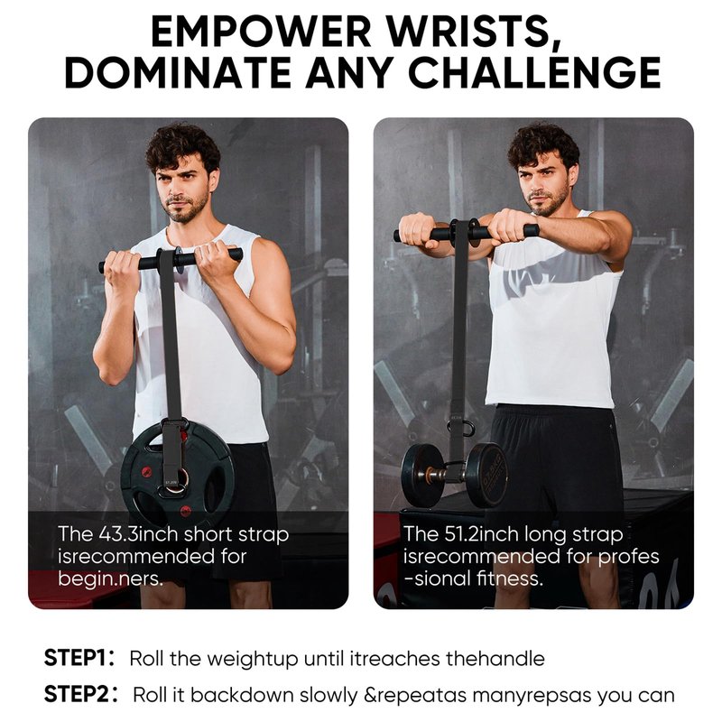 Forearm Strengthener and Wrist Roller, 43.3 inch Or 51.2 inch Ultra Strong Nylon Webbing, Forearm Exerciser with Quick Locking Mechanism, Ideal for Hand, Wrist and Forearm Strength Training (Black)