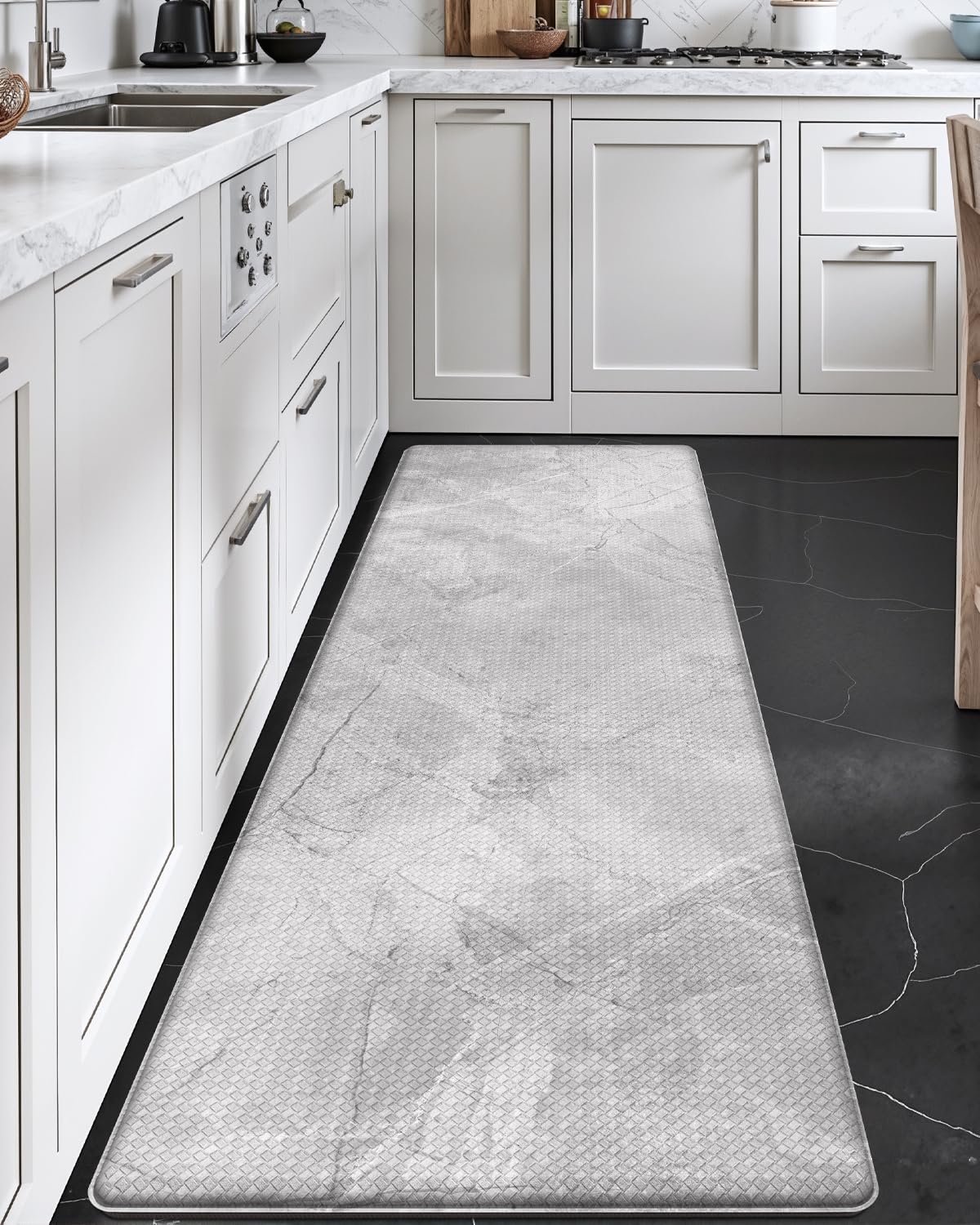 DEXI Kitchen Floor Mats Cushioned Anti Fatigue, 23x86 Large Long Standing Comfort Runner Rug Waterproof, Marble Memory Foam Padded for Front Sink Laundry, Light Grey