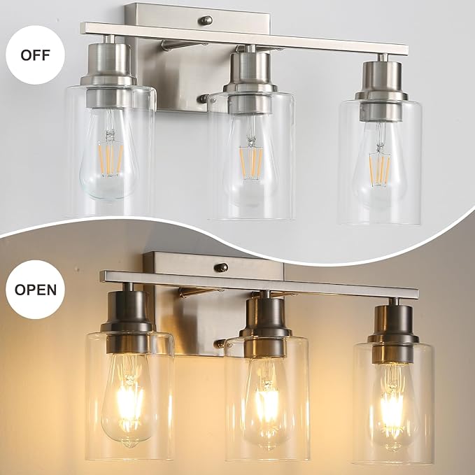 Brushed Nickel Wall Sconces,3-Lights Bathroom Vanity Light Fixtures with Clear Glass Shades, Farmhouse Modern Wall Lighting for Mirror,Bedroom,Living Room