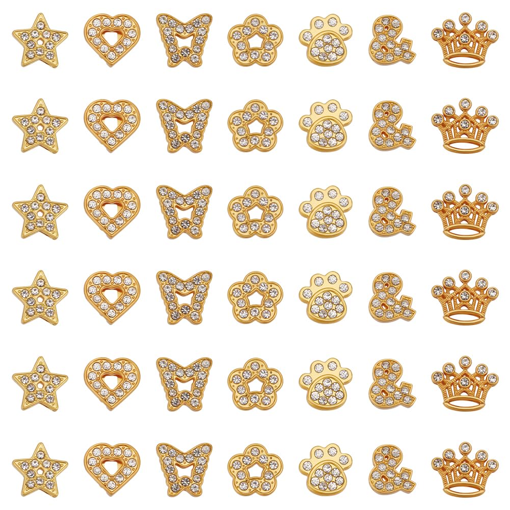 SUNNYCLUE 1 Box 42Pcs Gold Slide Charms Bulk Alloy Slider Charm Rhinestone Star Heart Butterfly Flower Paw Symbol Crown Slide Charm Spacer Beads for Bracelets Necklace Wristbands Jewelry Making Crafts