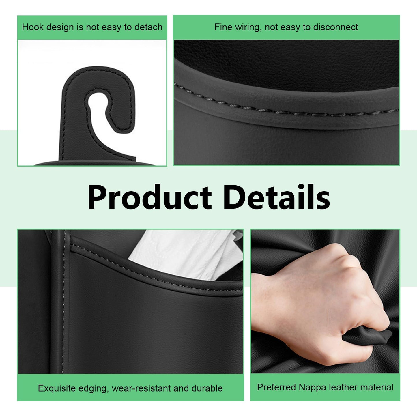 Heyzidu 2 PCS Leather Car Cup Holder, Spill-resistant Headrest Cup Organizer, Door Side Multi-functional Hooks Storage Bag for Water Bottles Phones Keys, Universal for Most Vehicles (Black)