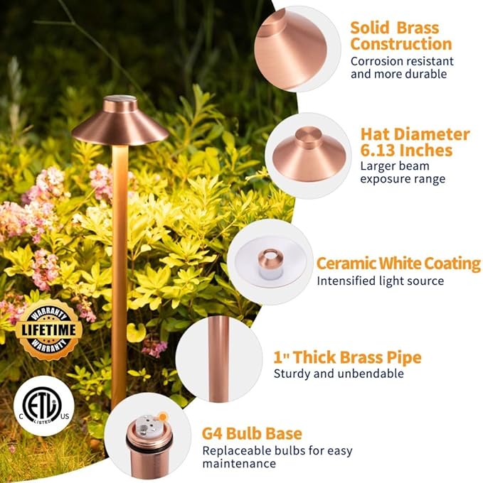 Gardenreet Brass Copper Low Voltage Path Lights, Landscape Pathway Light, 12V LED Outdoor Bronze Hat Top Walkway Lamp for Driveway Yard Garden with 3W 270LM 5000K G4 Bulb 4 Pack