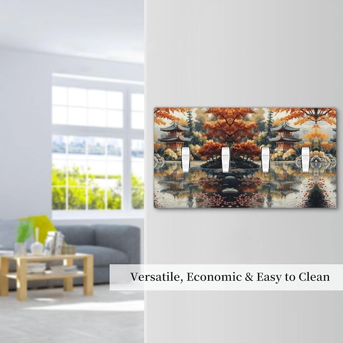 Decorative Art Light Switch Covers Lake & Pagoda in Fall Quad Toggle 4 Gang Wall Plate Switch plate Electrical Faceplate for Home Decor
