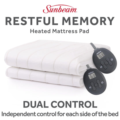 Sunbeam Electric Heated Mattress Pad Queen 80" x 60" 12 Heat Settings 12-Hour Auto Shut-Off Fast Heating Soft Cozy Fabric Deep Pocket Skirt Machine Washable