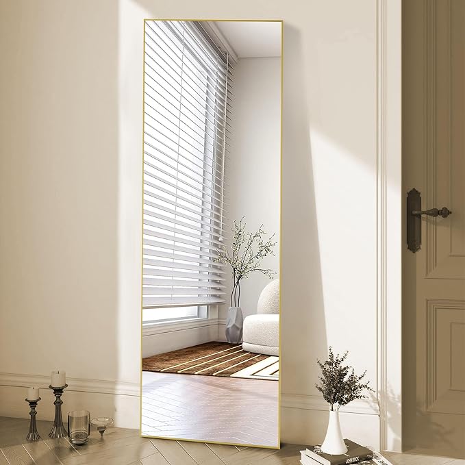 OLIXIS Full Length Mirror for Bedroom, 56"x21" Full Body Mirror with Stand, Hanging or Leaning for Wall, Aluminum Alloy Thin Frame Floor Standing for Living Room, Long, Gold