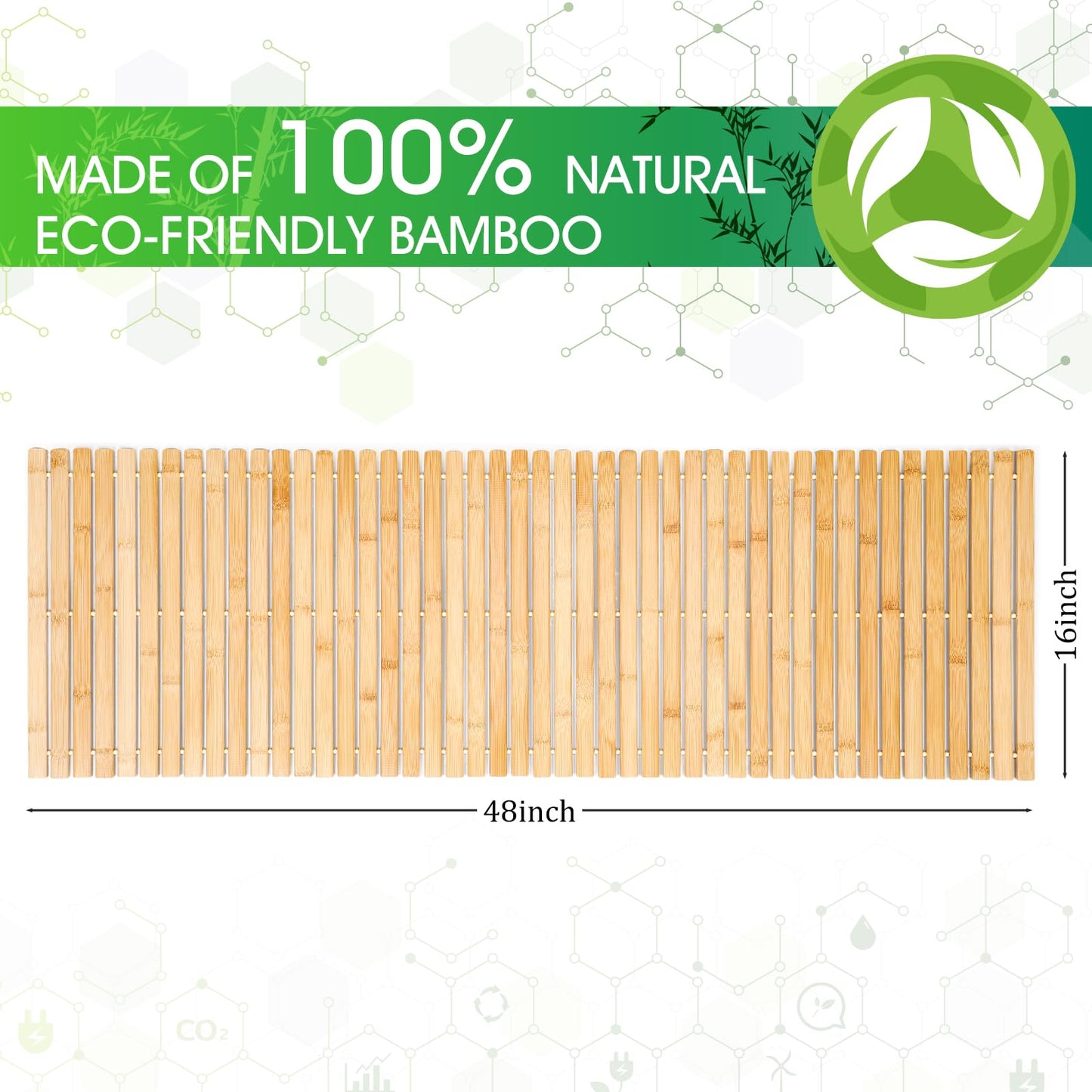 Bamboo Bath Mat Large Long Wood Bath Mat,16x48 Inch Non Slip Bamboo Shower Floor Mat Wooden Bathroom Mat for Bathtub,Spa,Door,Sauna or Outdoor (Natural Slat)