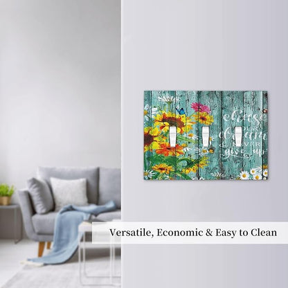 Turquoise Rustic Vintage Wood Planks Sunflower Butterfly 3 Gang Wall Plates Decorative Triple Toggle Light Switch Cover Electrical Switchplate Unused Decorate Faceplate for Bathroom Home