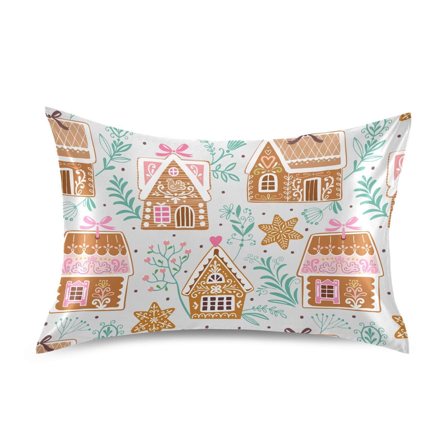 Dalzium Christmas Satin Pillowcase for Hair and Skin, Gingerbread Houses and Stars Silk Pillow Case Soft and Cozy Body Pillow Covers Queen Size with Envelope Closure, M