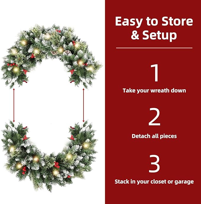 24 Inch Christmas Wreaths for Front Door with Lights,Lighted Artificial Flowering Pine Door Wreath,Prelit Faux Green Winter Wreath with Pine Cones and Red Berry for Indoor Outdoor Decor