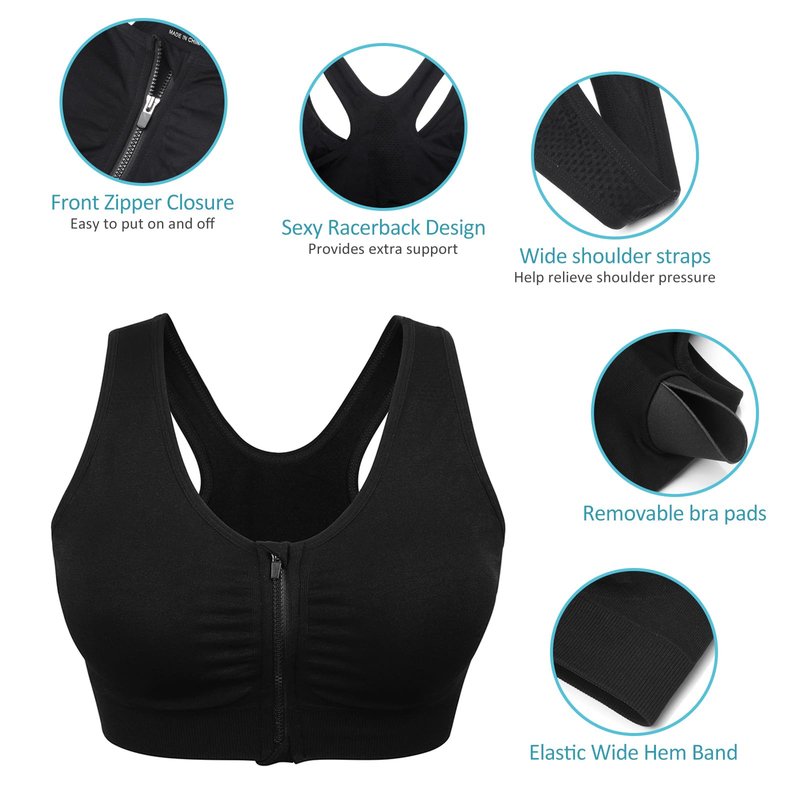 Women's Wireless Post-Surgery Sports Bras - 3 Pack with Padded Racerback, Front Zip Closure, Ideal for Yoga & Workout