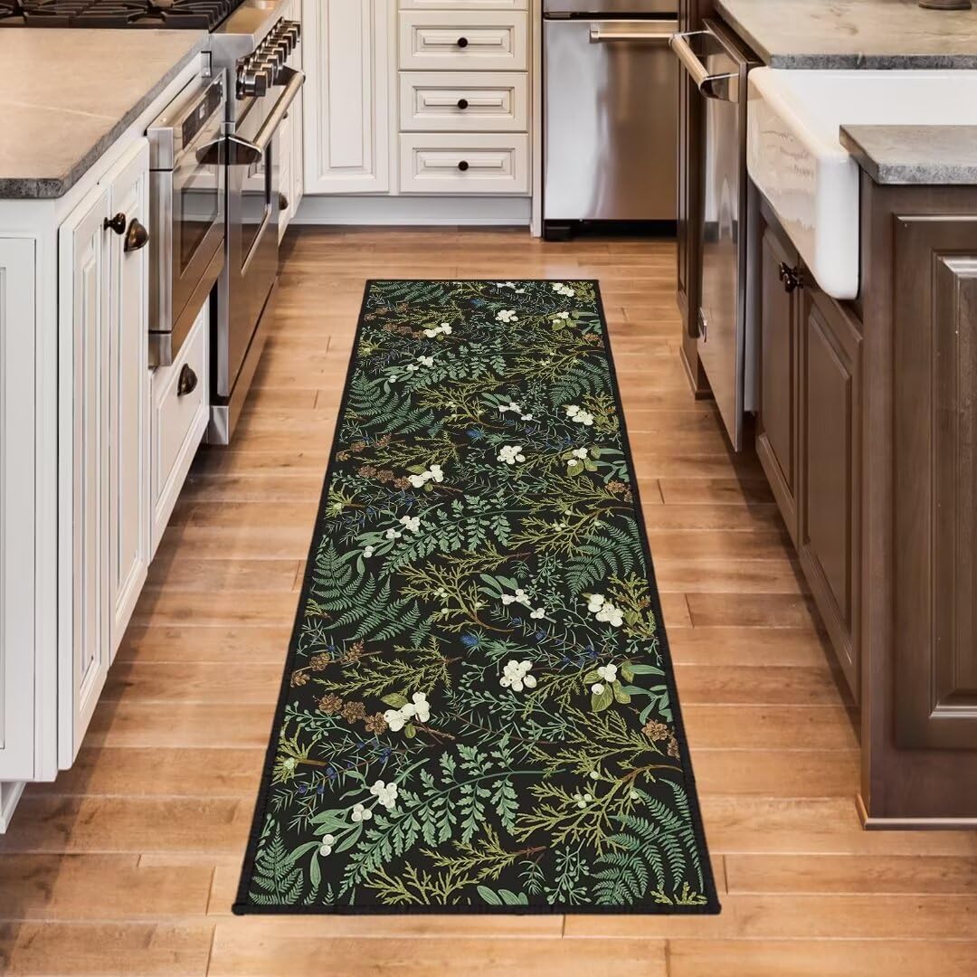 Black Green Runner Rug for Hallway 2x6,Botanical Print Runner Rug for Entryway,Plant Leaf Printed Area Rugs Non-Slip Throw Floor Carpet for Bedroom Entrance Door Mat Washable Kitchen Rugs Runners