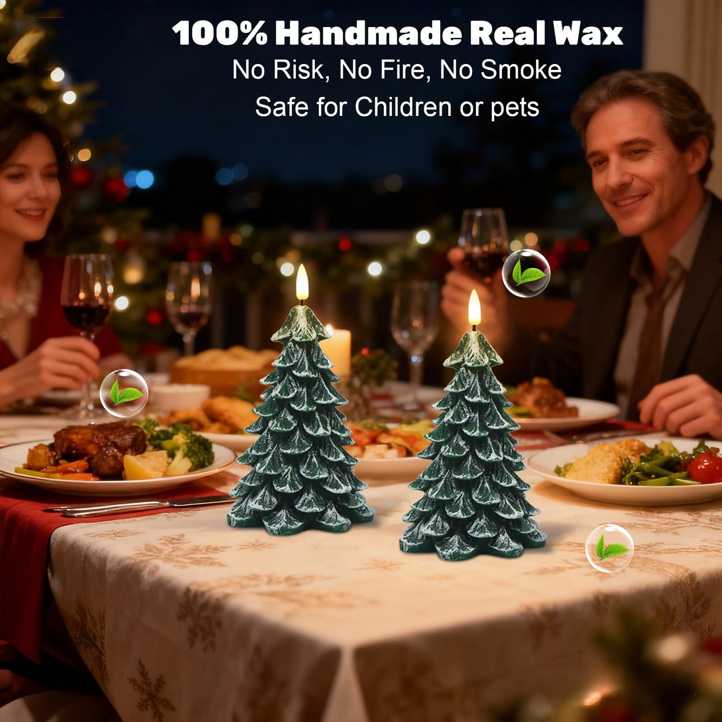 Wondise Christmas Tree Flameless Candles with 6H Timer, 2 Pcs Real Wax Battery Operated LED Candles Flickering, 3D Wick Green Electric Candles for Christmas Holiday Decorations