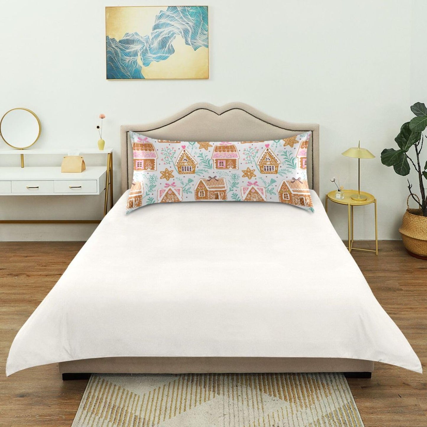 Dalzium Christmas Satin Pillowcase for Hair and Skin, Gingerbread Houses and Stars Silk Pillow Case Soft and Cozy Body Pillow Covers Queen Size with Envelope Closure, M