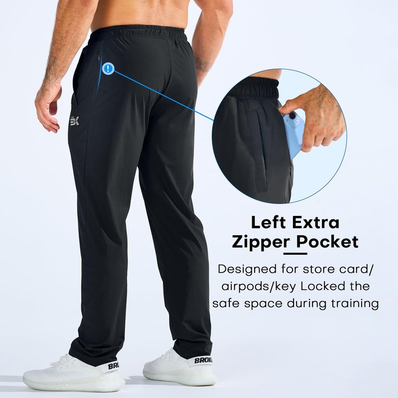 BROKIG Mens LightArmor Workout Sweatpants with Zip Pocket, UPF 50+ Stretch Gym Joggers Men Sweat Pants for Athletic(Medium,Black)