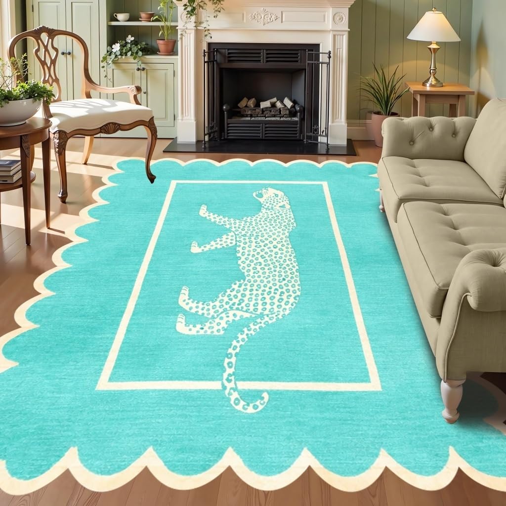 Cheetah Print Rugs 3x5 Faux Wool Washable Scalloped Edge Rug for Living Room Bedroom Apartment Non Slip Stain Resistant Leopard Carpet Modern Chic Dining Room Nursery Office Easy Clean Mat Teal Blue