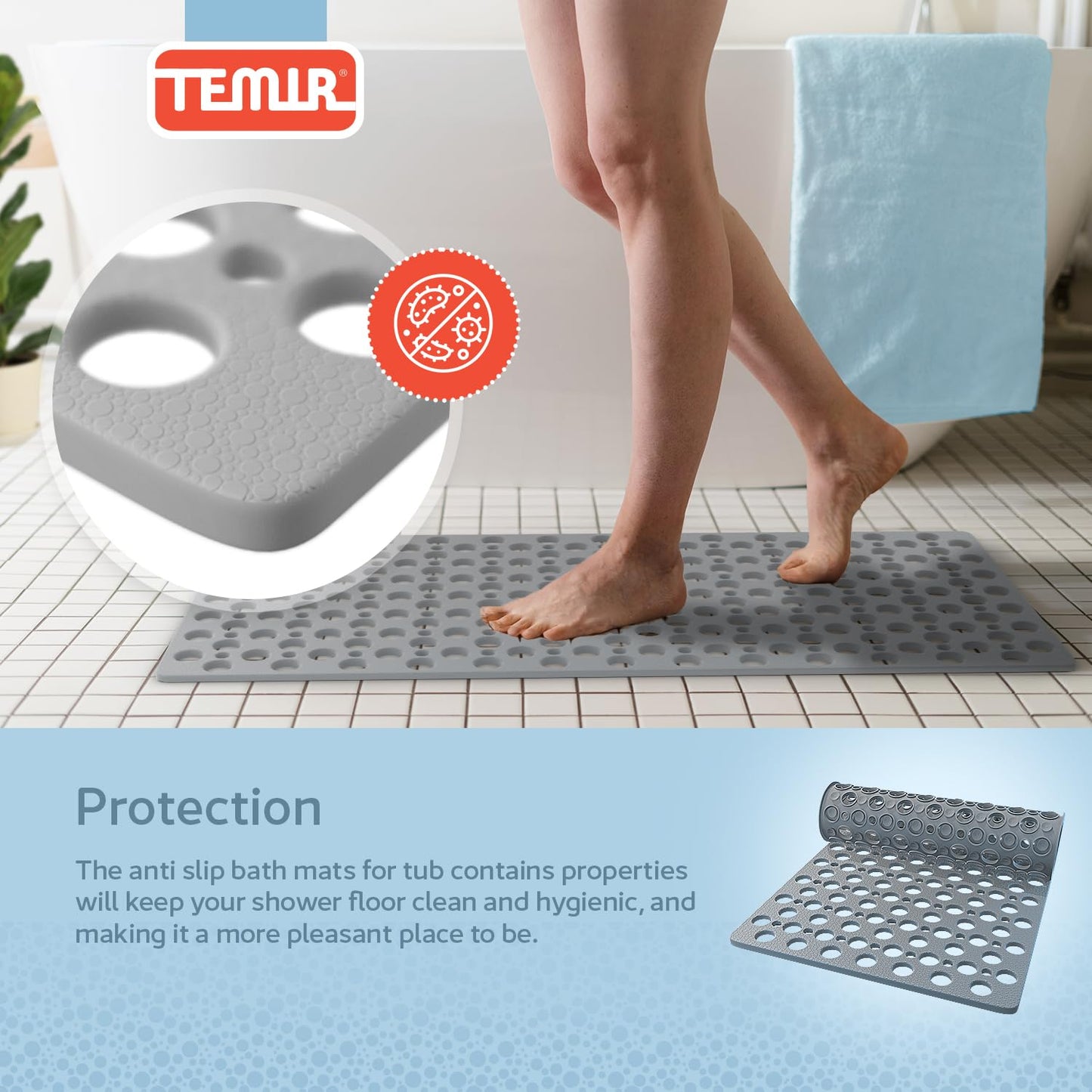TEMIR Non Slip Bathtub Mat for Shower — Anti Skid Safety Mat with Strong Suction Cups, Quick Drain Holes, Machine Washable, Soft Bathroom Mat for Elderly & Kids, 30x17 in (75x43 cm) Gray