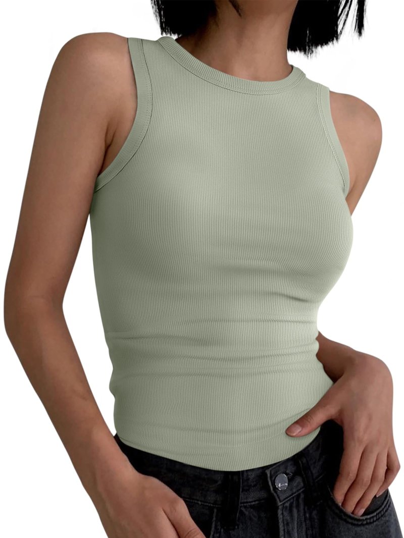 ANRABESS Womens Sleeveless High Neck Tank Tops Fashion Summer Casual Basic Slim Fit Ribbed Racerback Top Shirt Clothes Sage Green-X-Small