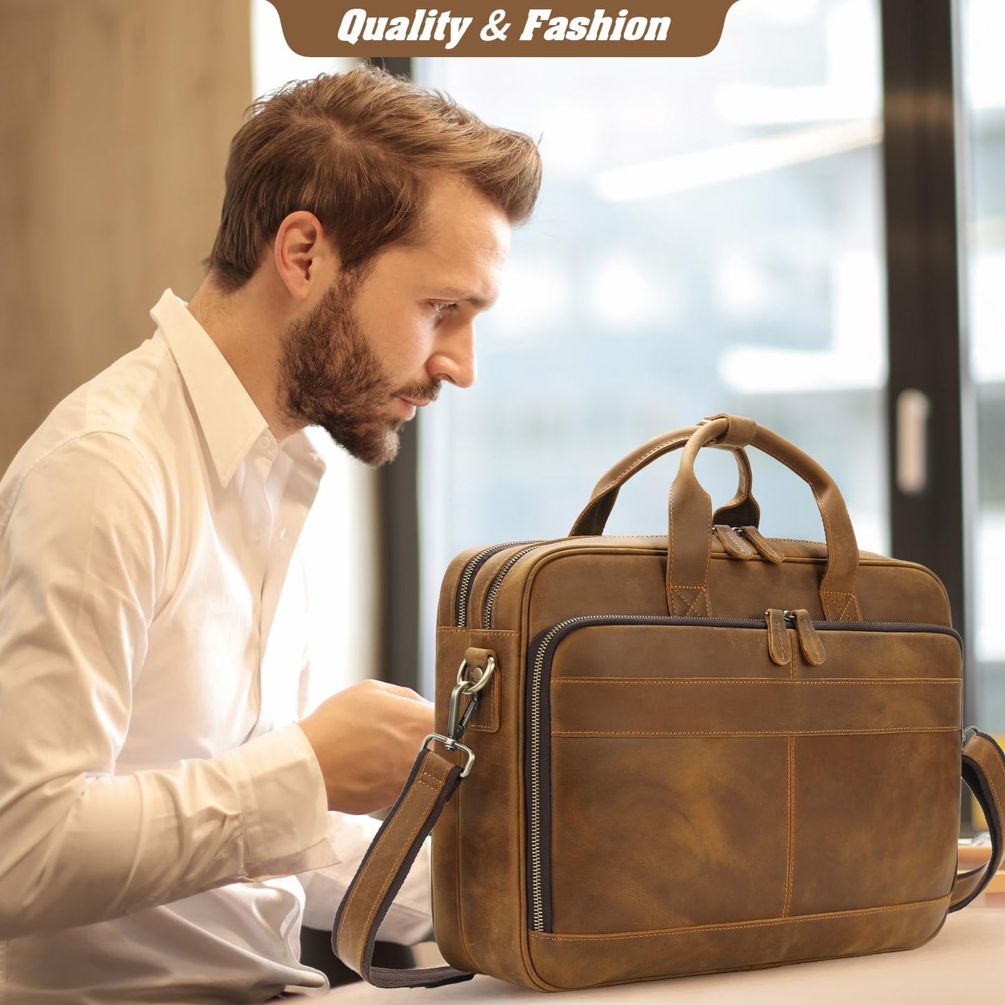 Jack&Chris Full Grain Leather Briefcase for Men,Business Messenger Bag Fits 15.6" Laptop, Vintage Business Messenger Bag with Adjustable Strap, Durable Briefcase with Travel Luggage Strap