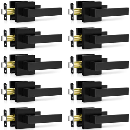 Plustool 10 Pack Matte Black Door Handles Interior, Passage Door Knobs Closet Door Levers for Hallway, Heavy Duty Square Doorknob Non-Locking Handlesets for Left & Right Sided Doors