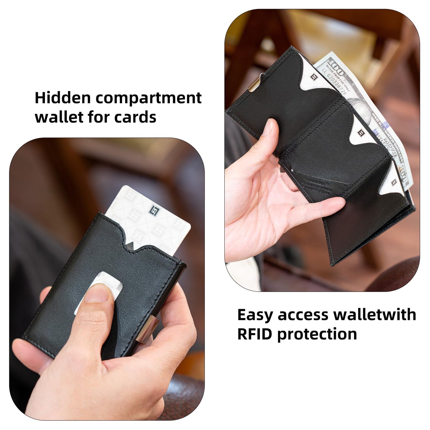 LIULIHUA LLH Leather Trifold Wallet - RFID Blocking with Stainless Steel Locking Clip Wallet, Minimalist Front Pocket RFID Blocking Credit Card Holder (black)