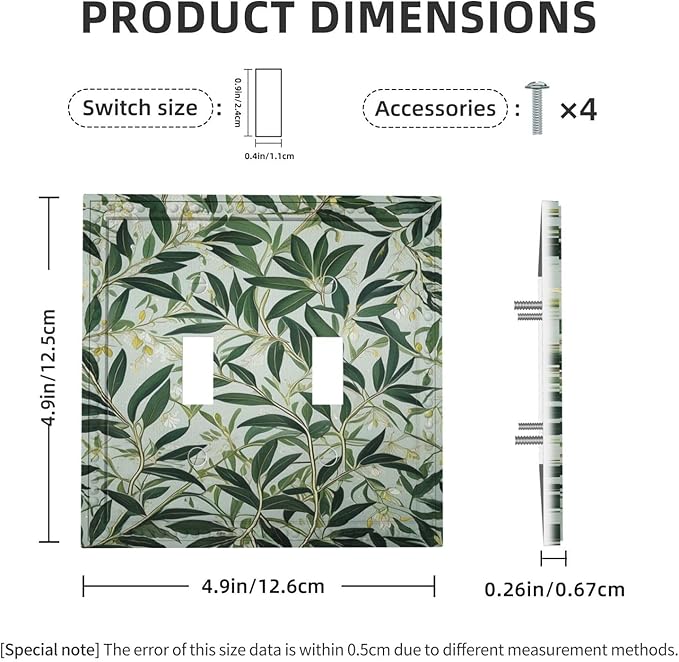 Sage Eucalyptus Leaves Foliage Light Switch Covers Double Toggle 2 Gang Wall Plate Dual Decorative Switchplate Electrical Faceplate for Farmhouse Decor