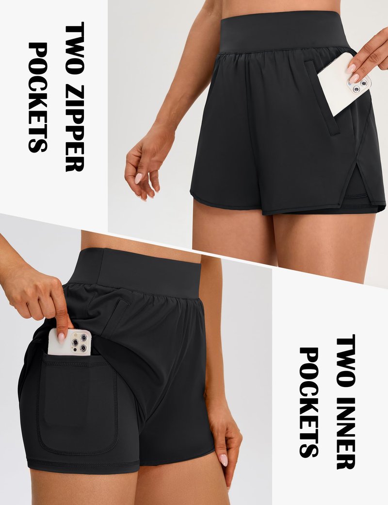 BMJL Womens 2 in 1 Running Shorts with Zip Pockets 3" Quick Dry High Waisted Gym Workout Shorts with Liner