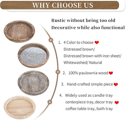 Hanobe Rustic Wooden Serving Tray Set of 2 Round Wood Butler Decorative Tray Whitewash Centerpiece Candle Holder Trays Farmhouse Ottoman Tray for Decor Kitchen Counter Home Decor for Coffee Table