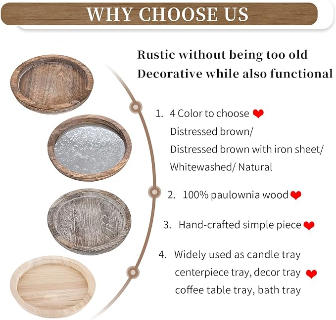 Hanobe Round Wood Decorative Tray: Rustic Wooden Trays for Coffee Table Farmhouse Centerpiece - Vintage Mirror Candle Tray for Home Decor Ottoman Bathroom Kitchen Organizer