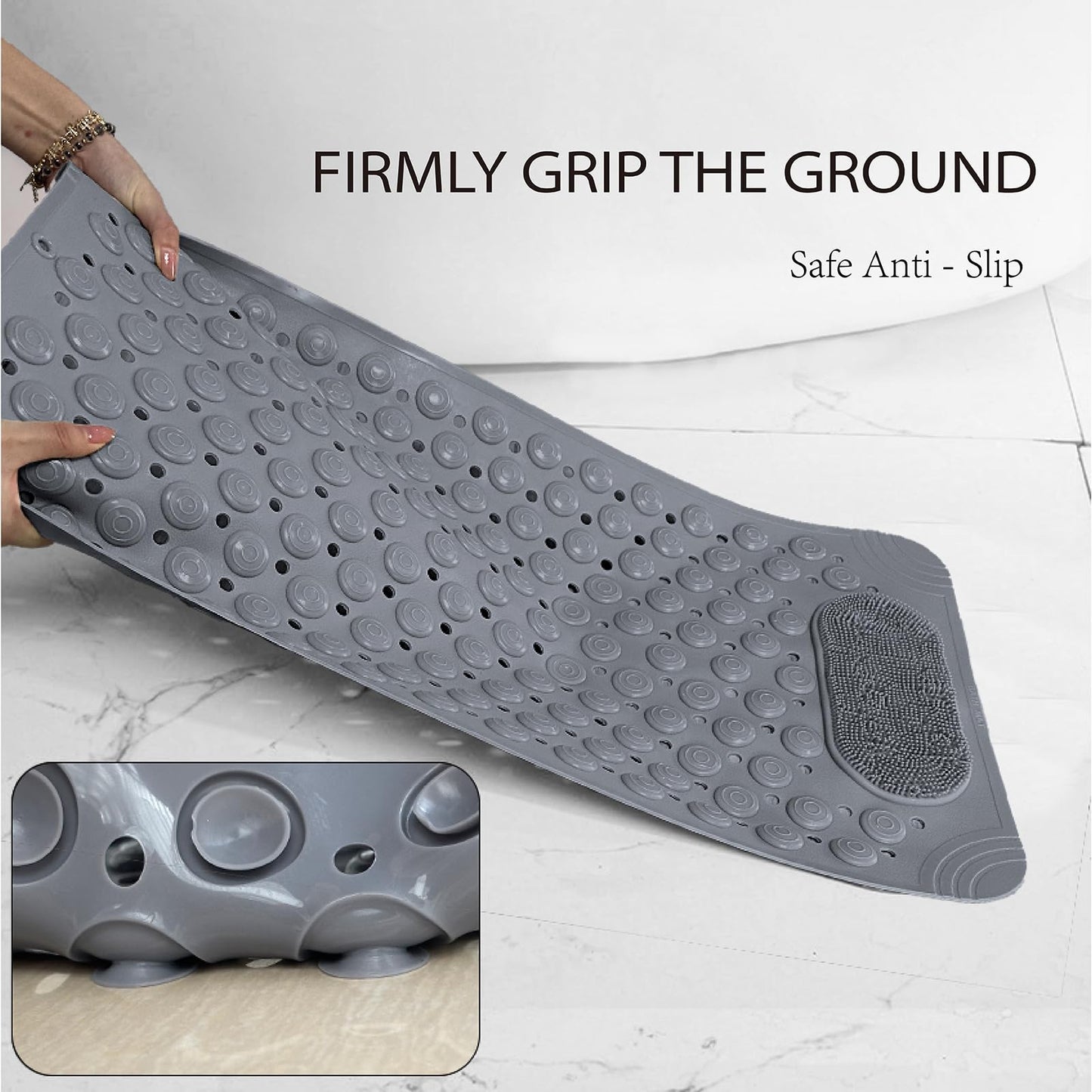 WohnWoll Bathtub and Shower Mats with Massage Brush, Non Slip Soft Bath Tub Mat with Suction Cups and Drain Holes for Bathroom Floor for Wet Areas, Quick Drying, 28x14 Inch, Gray