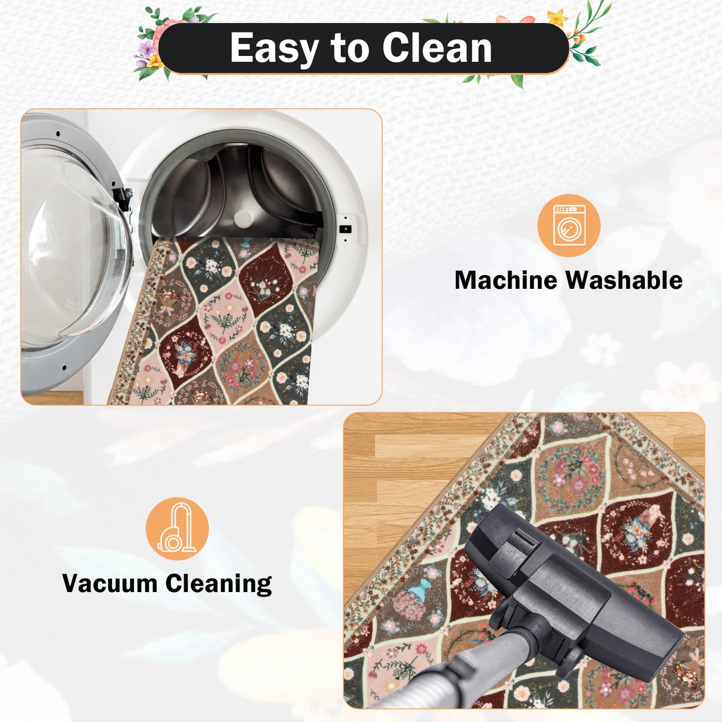 PCSWEET HOME Moroccan Trellis Kitchen Rugs Sets of 3 Non Slip Kitchen Rugs and Mats Washable Indoor Door Mat Floral Kitchen Floor Mat Carpet Runner Rugs for Hallway Laundry Room, Brown