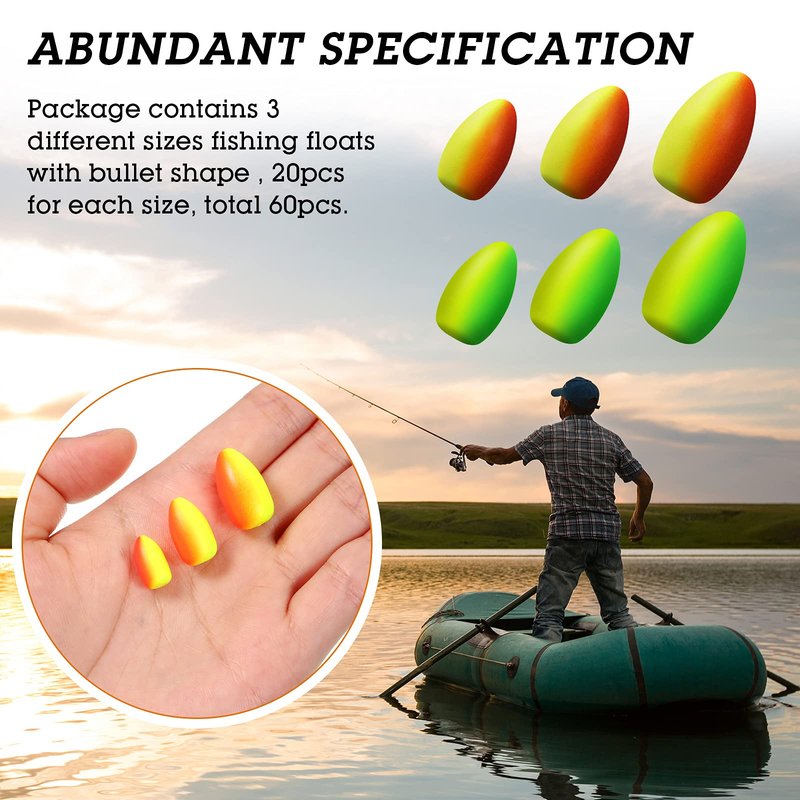 Skylety 60 Pieces Foam Floats Bullet Fishing Foam Snell Floats Pompano Rigs Oval Fly Fishing Strike Indicators for Trout Catfish Walleye(Yellow Green, Red Yellow)