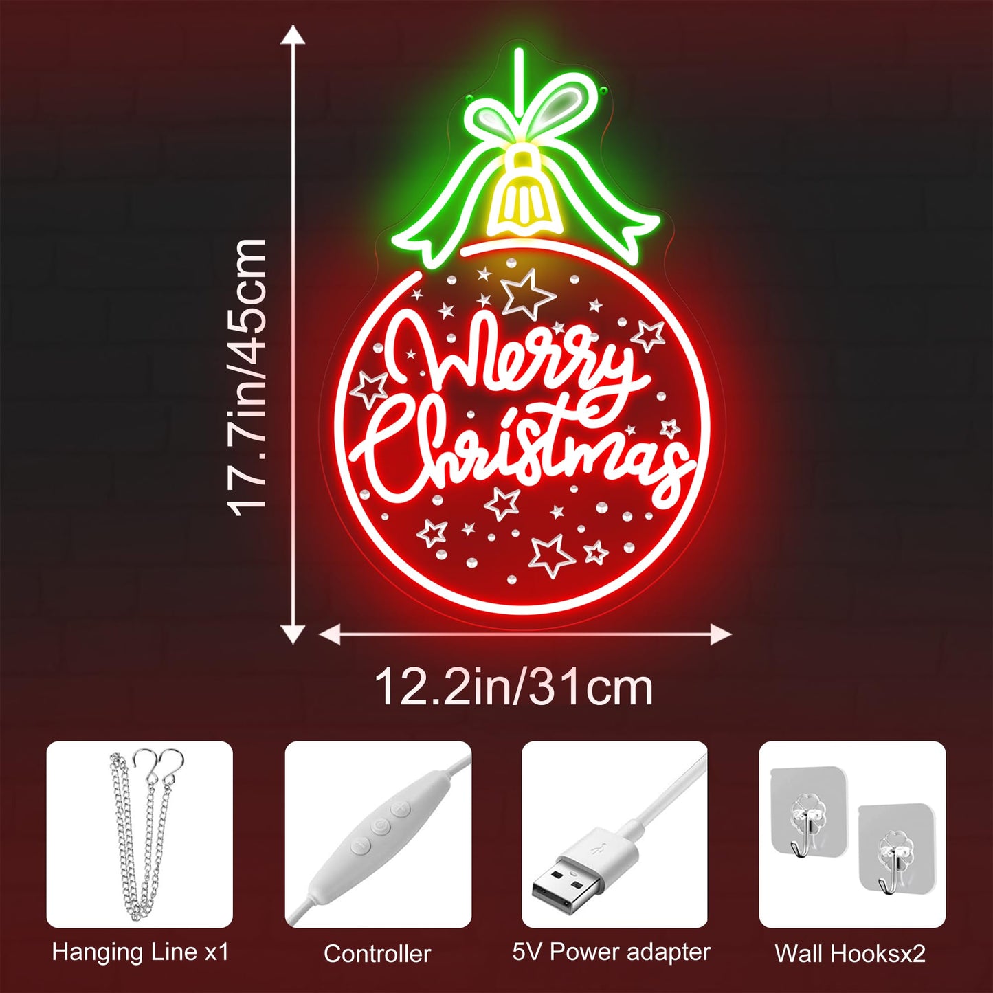 Red Christmas Ball Ornament with Green Bowknot, LED Light-Up "Merry Christmas" Lettering, Engraved Star Patterns, USB-Powered with 5 Brightness Levels, Festive Hanging Decoration 17.7″×12.2″