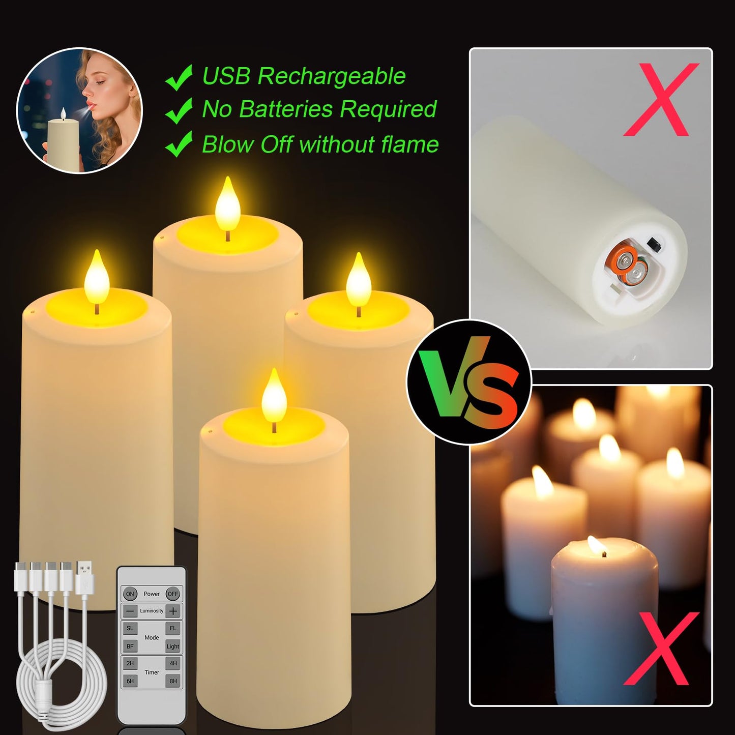 SoulBay USB Rechargeable Flameless Candles, 4-Pack LED Pillar Candles with Remote and Timer, Fake Electric Candles for Indoor Home Decor, Lanterns, Christmas & Parties (Magic Blow-Out Feature)