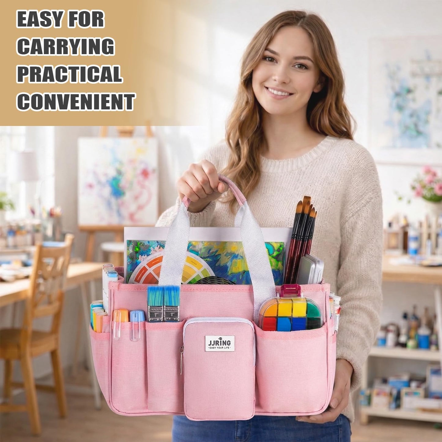 Jjring Craft Organizer Tote Bag, Portable Art Caddy with Adjustable Divider&Secure Zipper Pocket, Foldable Storage Tote for Scrapbooking, Sewing, Artist and Home(Pink)
