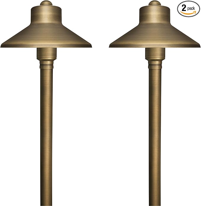 GKOLED Solid Brass Landscape Path Lights (5" Shade, 20" Tall), Low Voltage LED 3W 12-24V China Hat Path Lighting, Outdoor Waterproof Walkway Light, 2700K Warm White, with Stake and G4 Bulb, 2 Pack