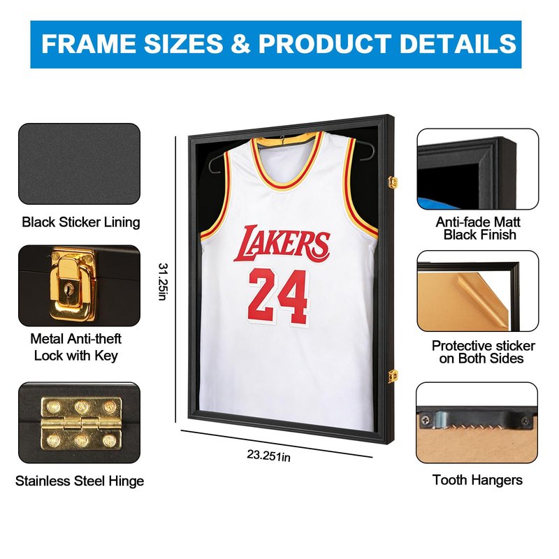 Hactyn Jersey Frame Display Case 4 Pack for Wall ,Large Lockable T-Shirt Shadow Box with Clear UV Protection Acrylic & Hangers for Football Basketball Baseball Soccer Hockey, Matte Black