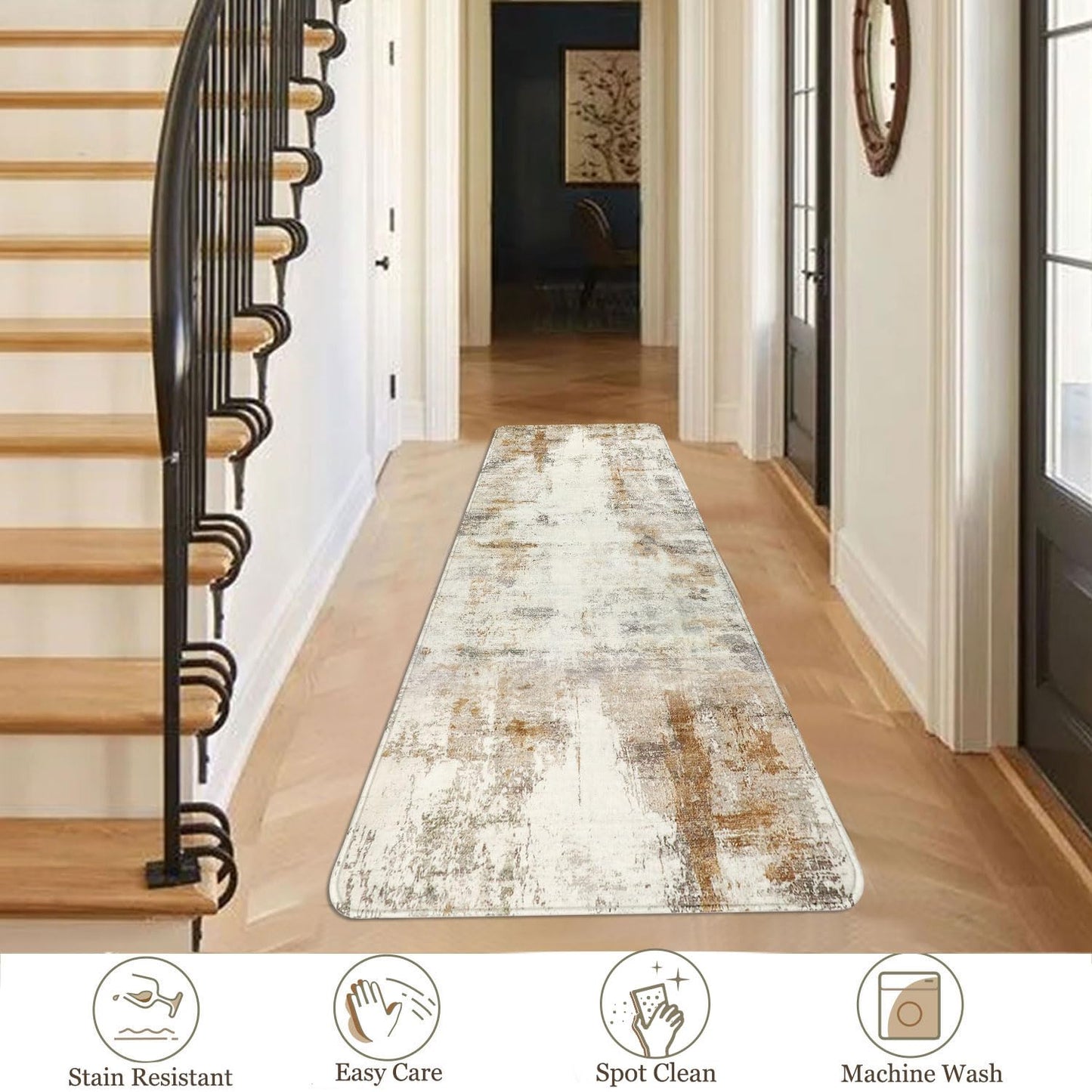 2x6 Runner Rug, famibay Modern Abstract Washable Rug Runners for Hallways Non Slip Faux Wool Carpet Runners for Kitchen Bathroom Bedroom(Beige/Camel)
