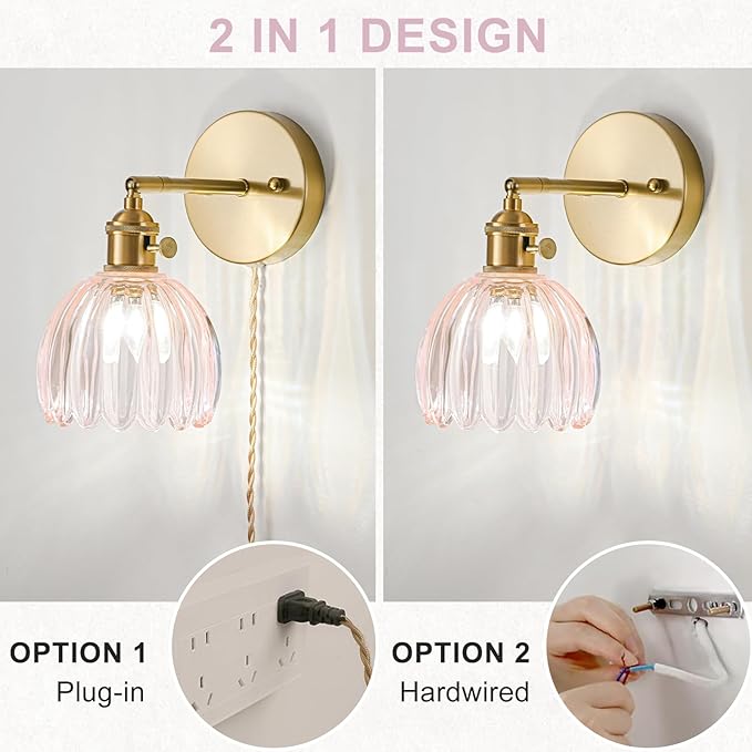 Plug in Wall Sconces Set of 2, Vintage Wall Sconce Light with Tulip Pink Glass Lampshade, 180° Adjustable Wall Sconce with Switch and Plug in wall lamp Cord, Gold Wall Light Wall Decor Set of 2