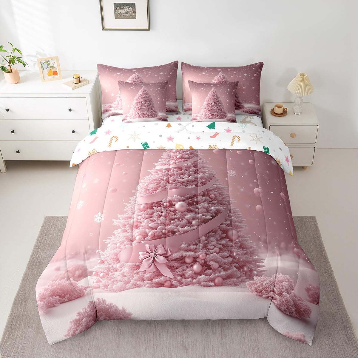 Manfei Pink Xmas Tree 7 Pieces Comforter Set Full,Kawaii Bowknot Snowflake Bedding Set for Bedroom Decor,Merry Christmas（Comforter+Fitted+Flat Sheet+2 Pillowcases+2 Throw Pillow Covers）
