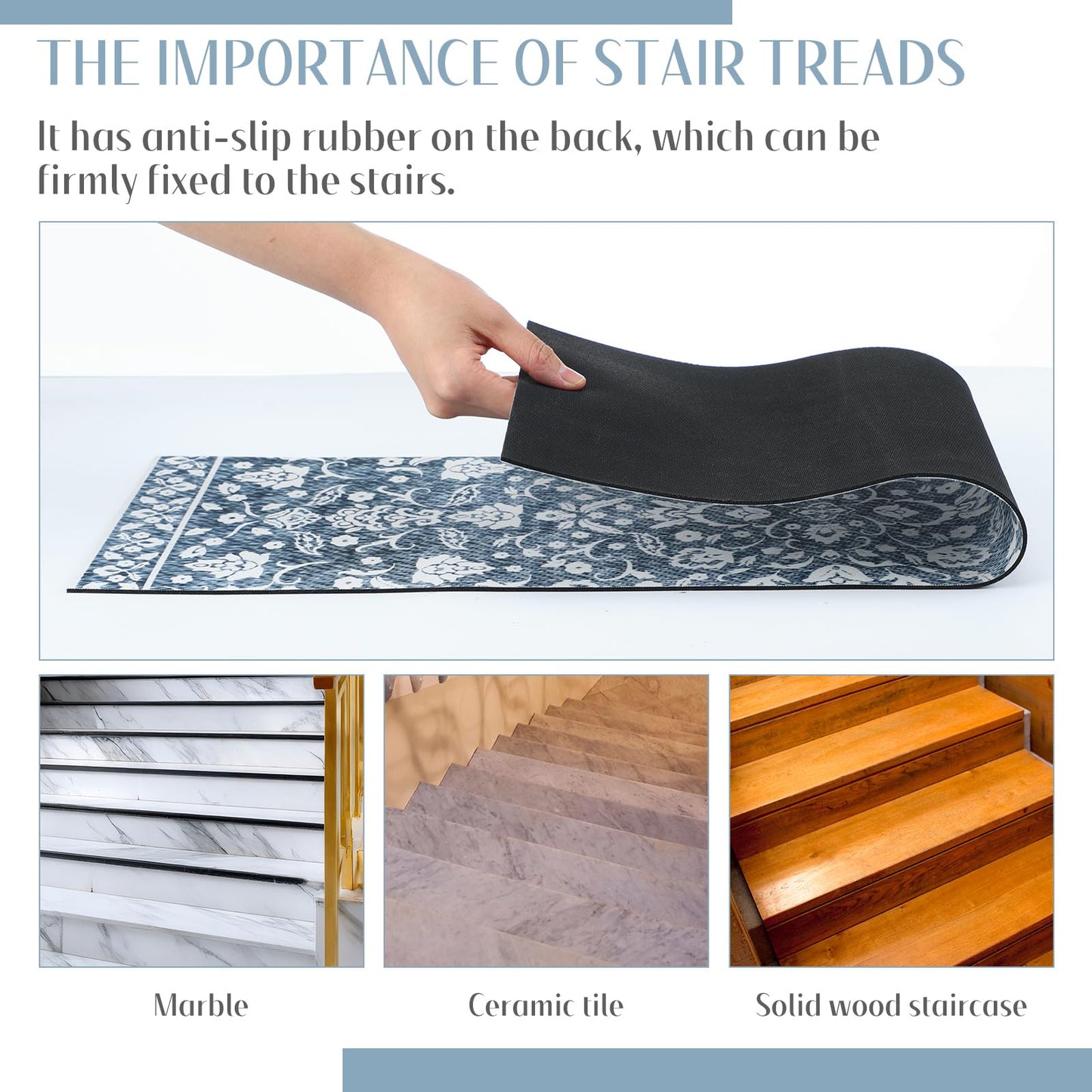 Breling 15 Pcs Blue and White Floral Stair Treads for Wooden Steps 8x30 Inches Stair Treads Indoor Non-Slip Carpet Runner Decorative Long Rugs Safety Mats for Indoor Carpet Covers Elders and Dogs