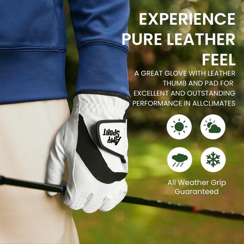 Amy Sport Golf Gloves Men Right Handed Golfer Left Hand 3 Pack PU Leather All Weather Grip Soft Breathable Flexible for Mens (White-3 Pack, Large, Right)