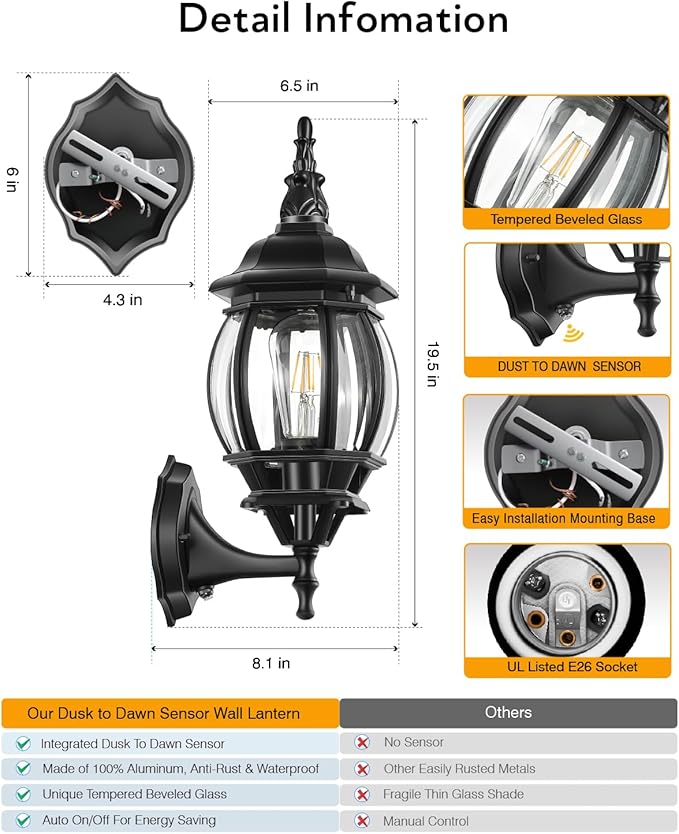 VIANIS Outdoor Wall Lights, Dusk to Dawn Outdoor Garage Light Wall Mount, Black Exterior Light Fixture for House, Exterior Sconce Lights for Coach, Waterproof Outside Porch Lights Wall Lantern Lamp