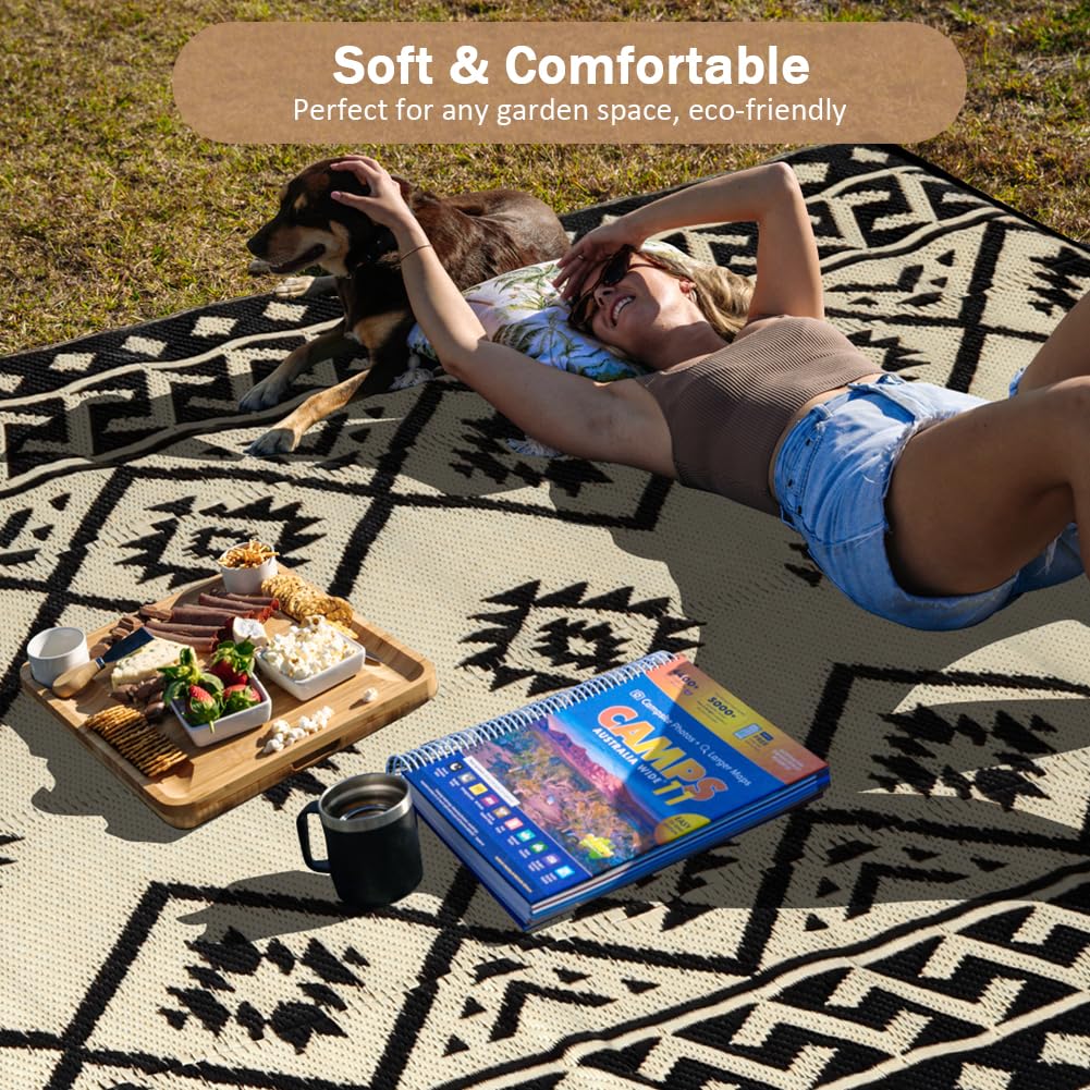 LILIOFFIC Outdoor Rugs - Outdoor Rug 8x10 Patio Rug Plastic Straw Rug Clearance Waterproof, Large Outdoor Area Rug Carpet for Outside, RV, Deck, Picnic, Beach, Camping, Black & Beige