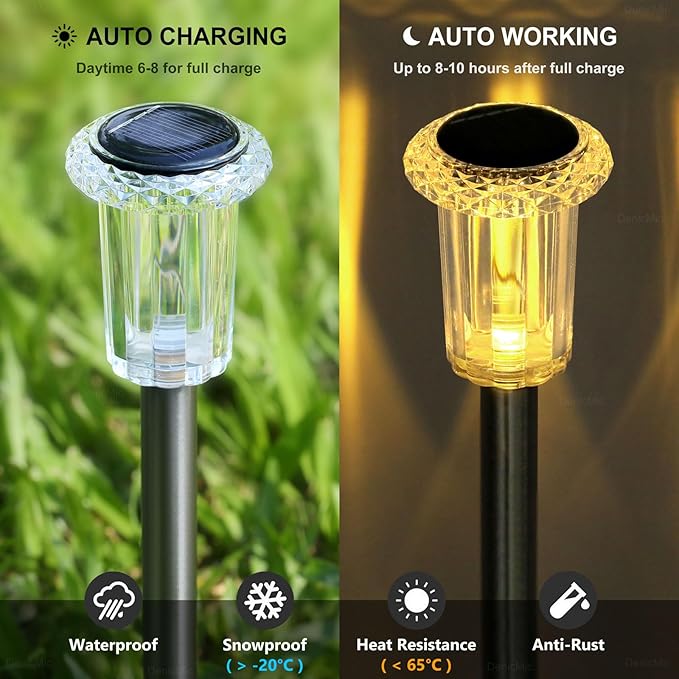 DenicMic Solar Lights Outdoor 15 Pack Waterproof 3000K Warm White LED Acrylic lamp Head Stainless Steel Stake for Landscape Lighting Path Walkway Sidewalk Backyard Patio Decor