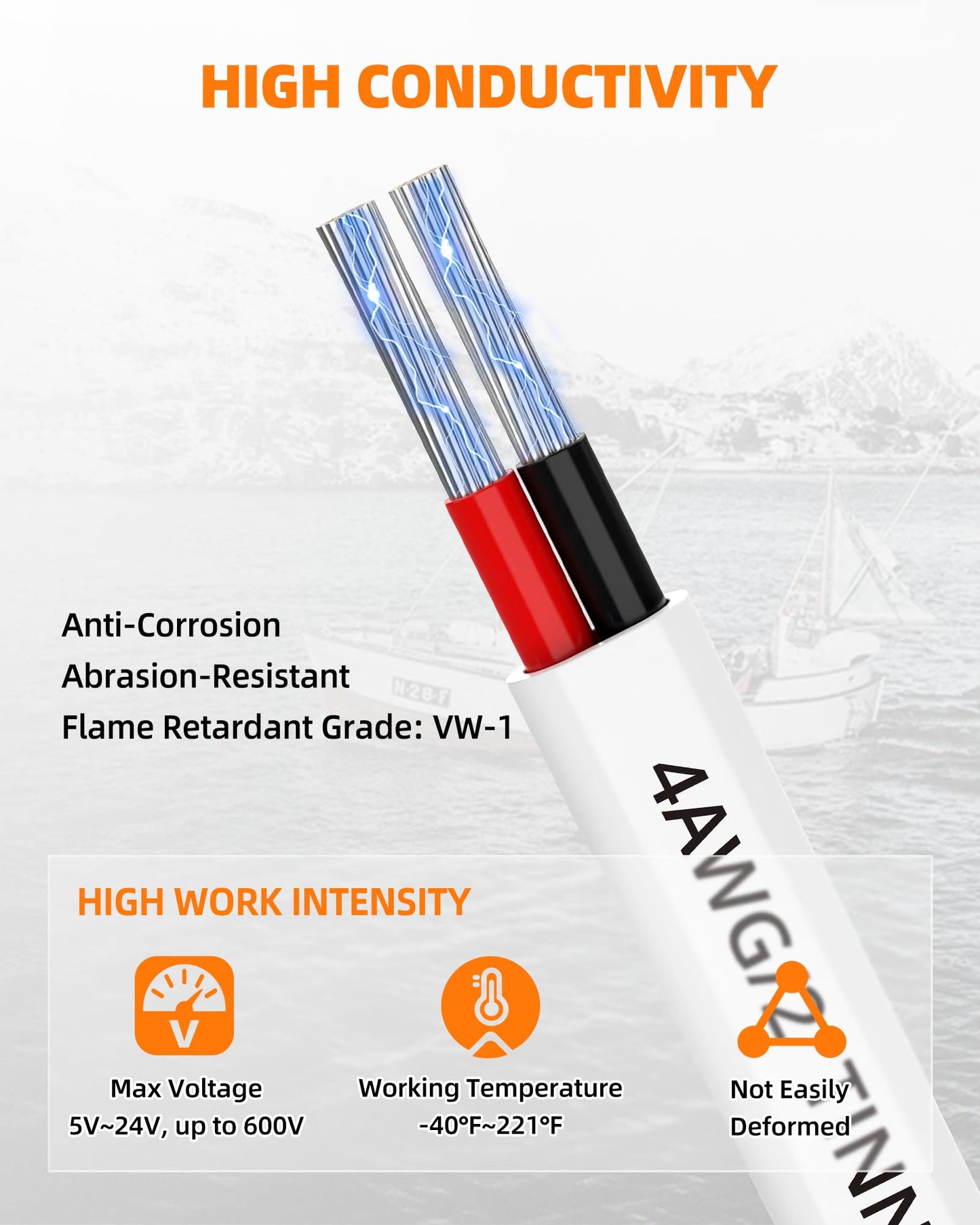 4 Gauge Marine Wire, 4/2 Duplex Tinned Copper Marine Grade Cable, IP68 Waterproof/Corrosion-Resistant PVC Stranded 4 AWG Wire for Boat, Automotive, Solar, Trolling Motor, Battery (50FT)