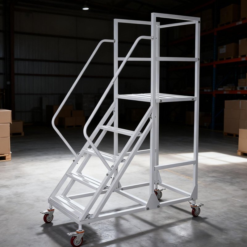 4-Step Rolling Warehouse Step Ladder, Lockable Wheels, Non-Slip Wide Steps, Dual Handrails, Movable Platform Ladder, Rolling Stairs for Warehouse, Supermarket, Library (White, 4 Steps)
