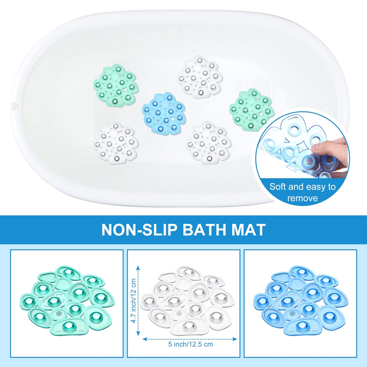 Riakrum 12 Pcs Non Slip Bathtub Stickers, Clear Anti Slip Shower Treads with Strong Suction Cups, Pebble Provides Traction Machine Washable No Residue, Safe(Green, Blue, Transparent)